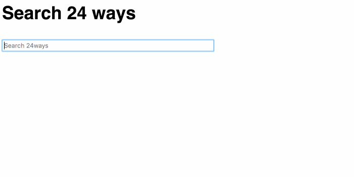 Animated demo of autocomplete search against 24 ways