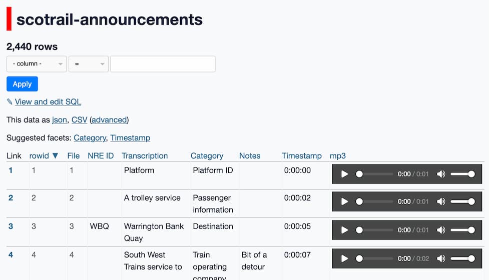 Visit Analyzing ScotRail audio announcements with Datasette - from prototype to production