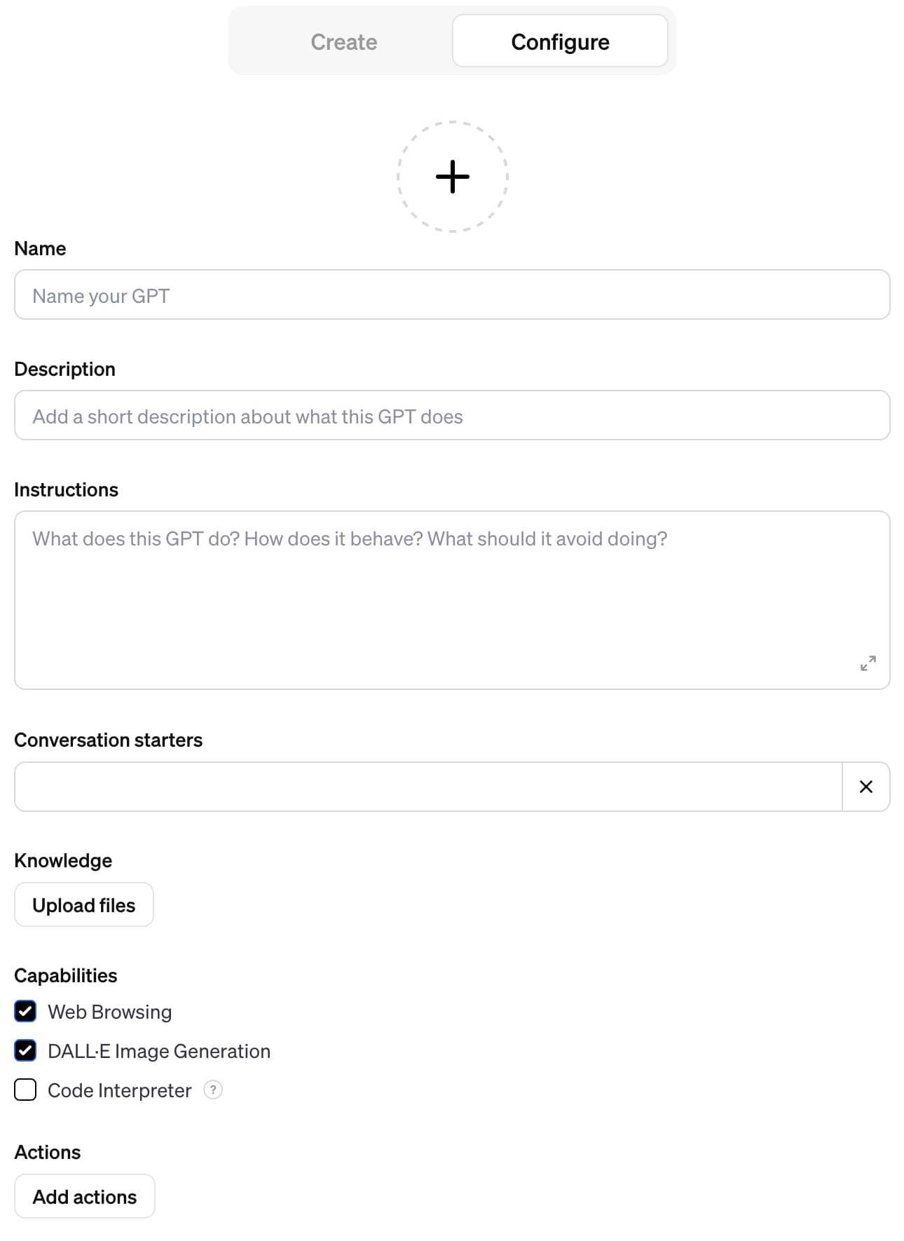 Screenshot of a create form, with fields for logo, name, description, instructions, upload files, checkboxes for web browsing and DALL-E image generation and code interpreter and a button to add actions.