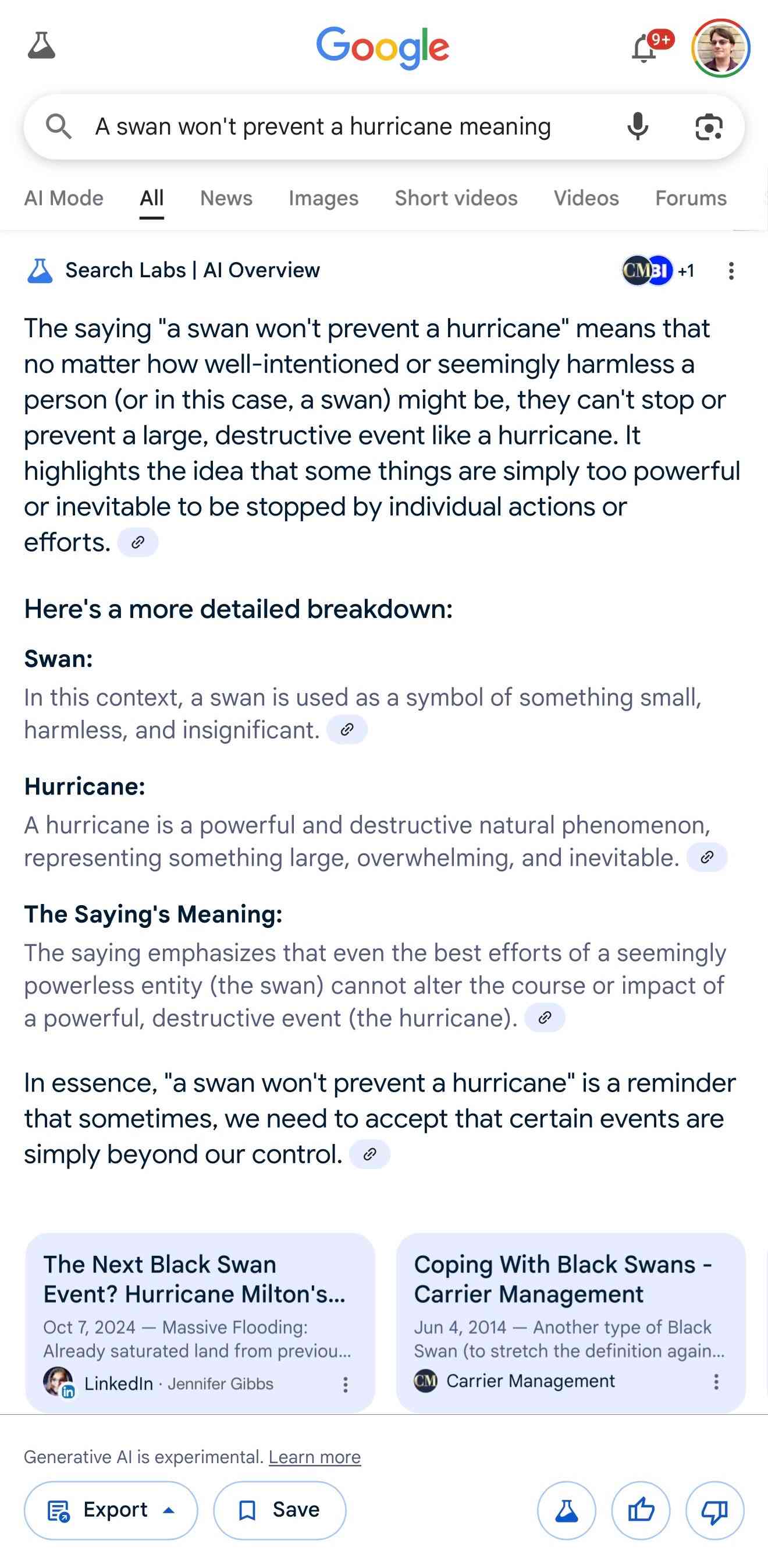 Google search results for "A swan won't prevent a hurricane meaning". AI overview from Search Labs shows the following: The saying "a swan won't prevent a hurricane" means that no matter how well-intentioned or seemingly harmless a person (or in this case, a swan) might be, they can't stop or prevent a large, destructive event like a hurricane. It highlights the idea that some things are simply too powerful or inevitable to be stopped by individual actions or efforts. Here's a more detailed breakdown: Swan: In this context, a swan is used as a symbol of something small, harmless, and insignificant. Hurricane: A hurricane is a powerful and destructive natural phenomenon, representing something large, overwhelming, and inevitable. The Saying's Meaning: The saying emphasizes that even the best efforts of a seemingly powerless entity (the swan) cannot alter the course or impact of a powerful, destructive event (the hurricane). In essence, "a swan won't prevent a hurricane" is a reminder that sometimes, we need to accept that certain events are simply beyond our control. Then two links represented as cardns: The Next Black Swan Event? Hurricane Milton's... Oct 7, 2024  Massive Flooding: Already saturated land from previou... in Linkedin by Jennifer Gibbs.  Then Coping with Black Swans - Carrier Management from June 4 2014. It finishes with a note that Generative AI is experimental